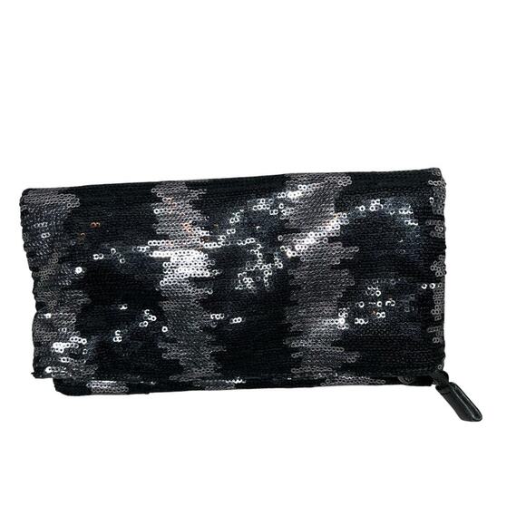BCBGeneration Black and Silver Sequin Fold Over Clutch Zippered Closure - Picture 2 of 11
